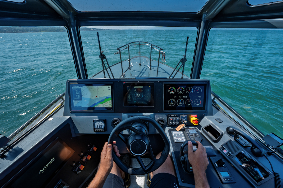 Windows and control panel inside a boat
