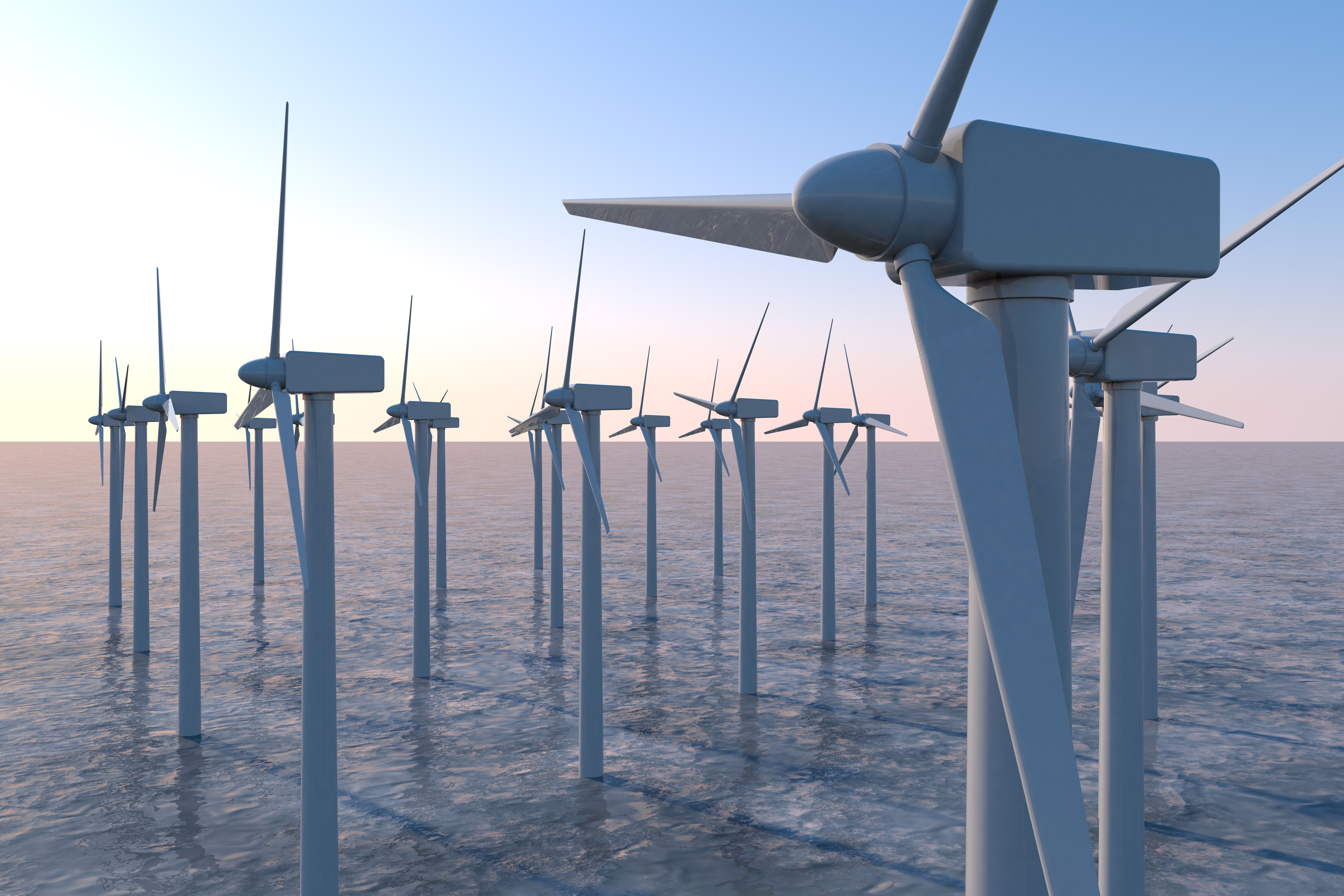 Offshore wind farm from above near the blades of the wind turbine