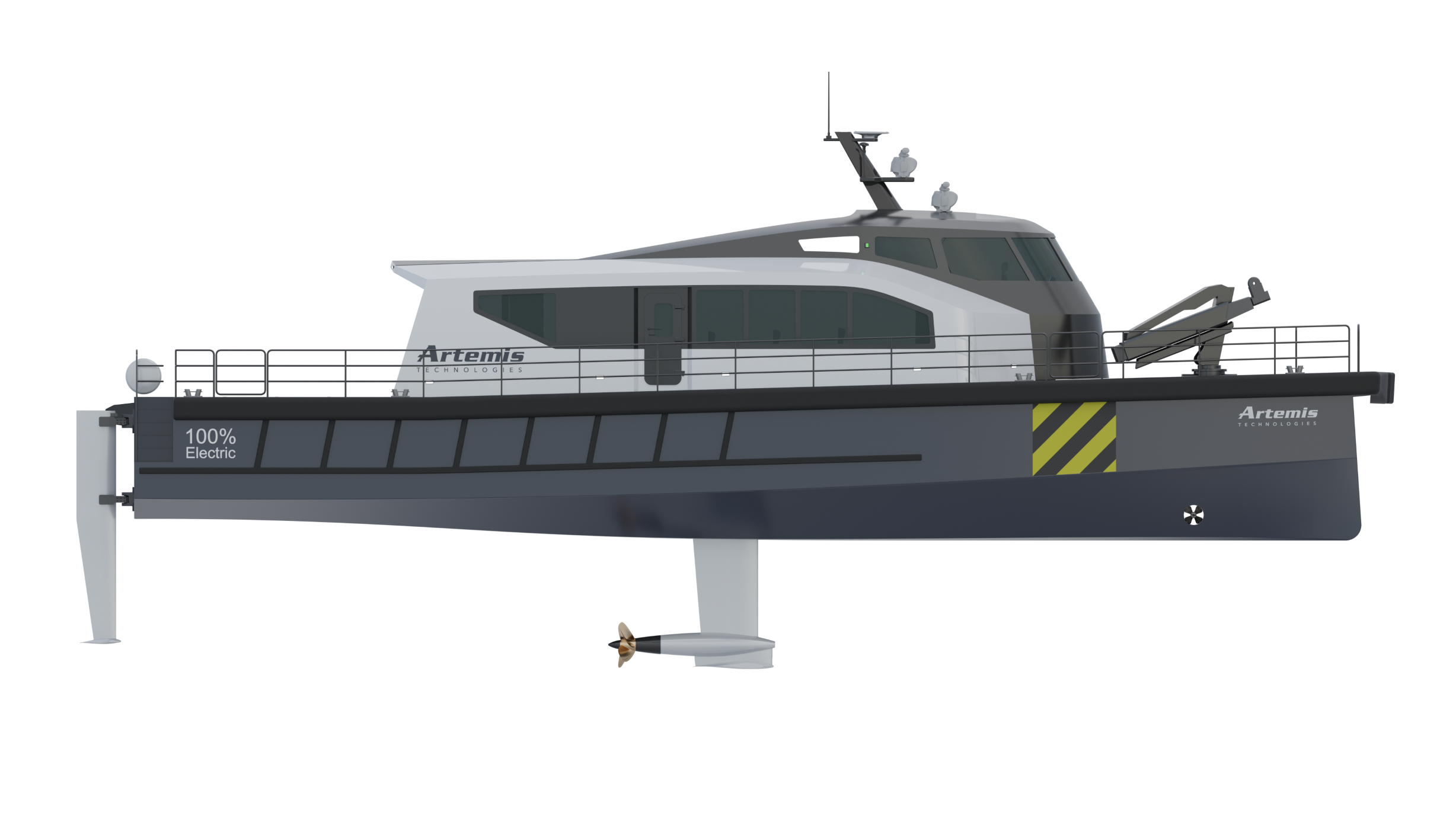 Starboard view of the EF-24 CTV showing the entire vessel including the foils and propulsion