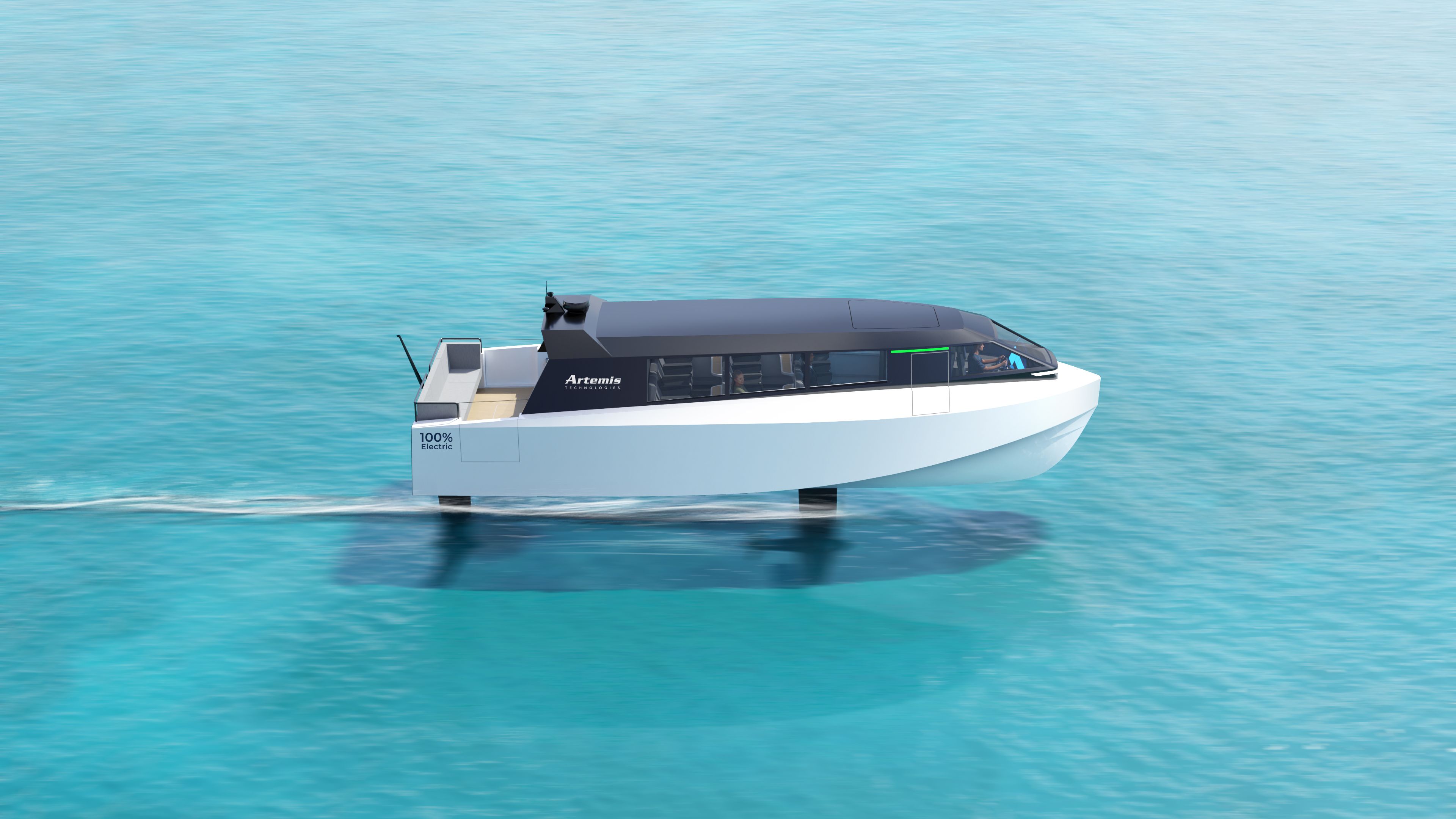 Side view of a luxury water taxi foiling on water