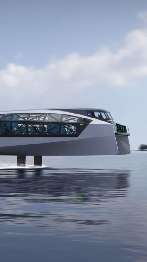 Render of EF-24 Passenger Ferry foiling in city landscape