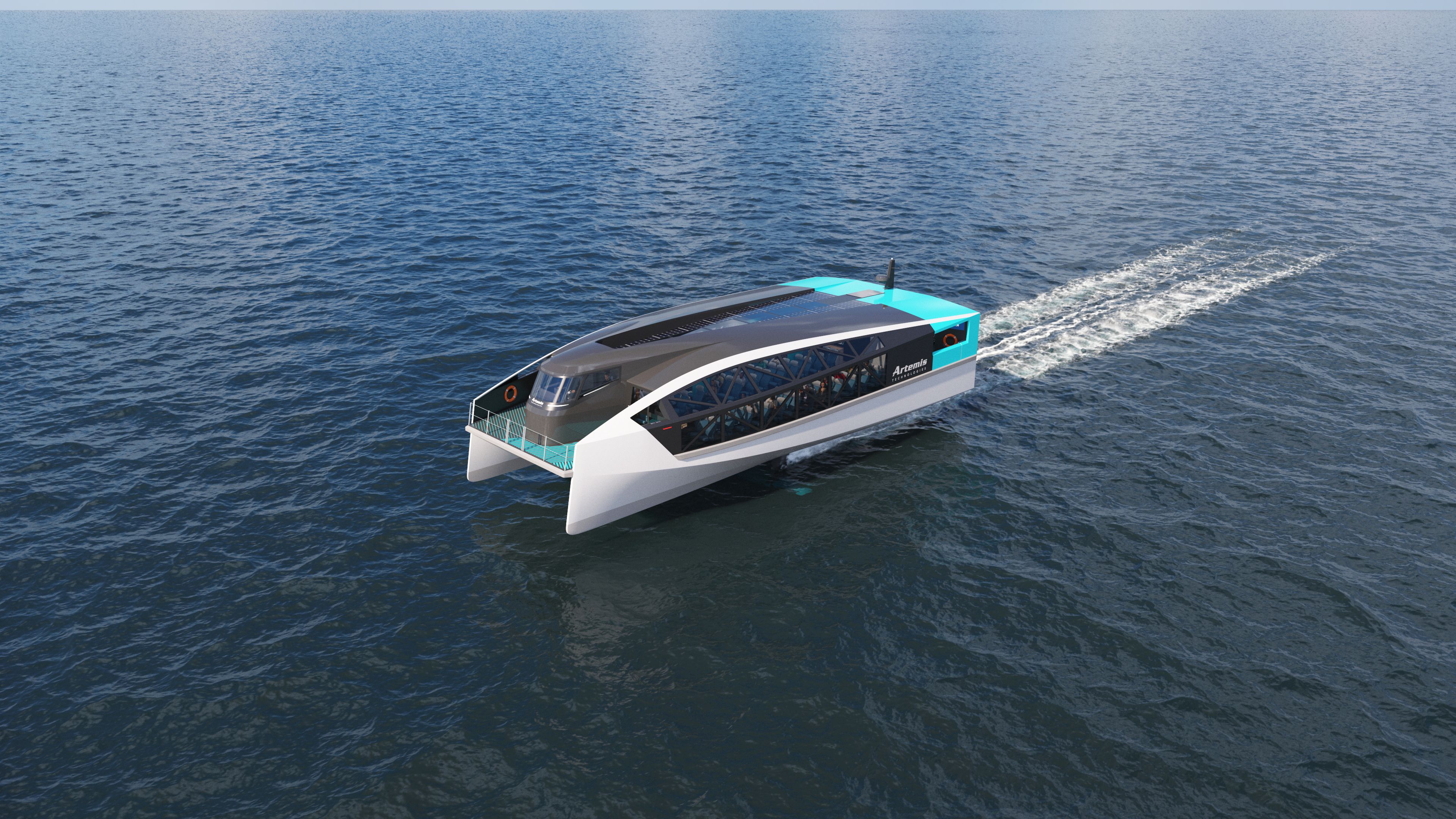 A passenger ferry foiling leaving behind minimal wake