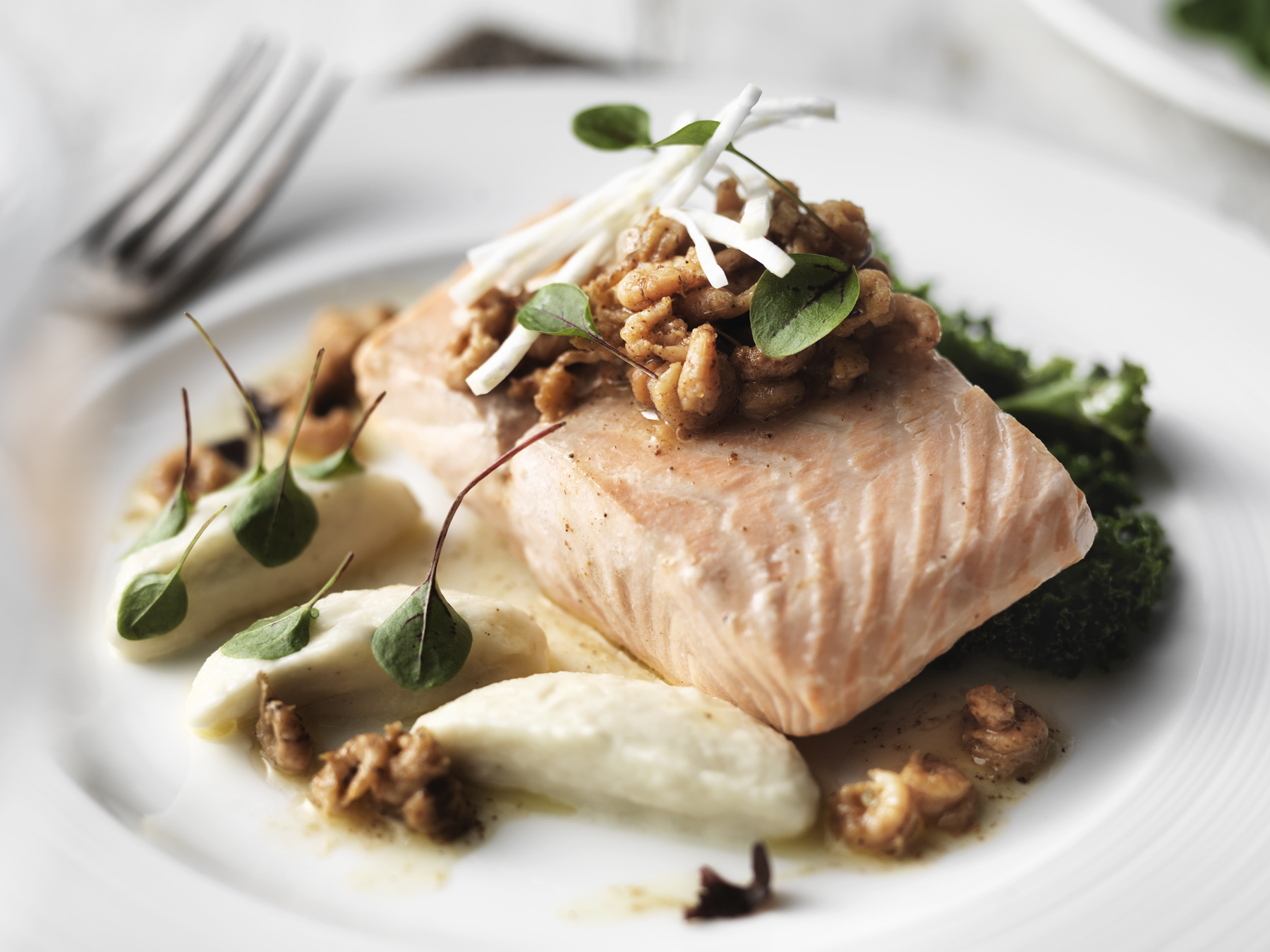 Miele Salmon, Celeriac Puree, Spiced Kale and Brown Butter Shrimps