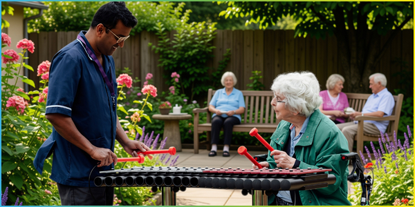 a senior lady seated in a wheelchair playing an outdoor xylophone in a care home garden with a male care assistant
