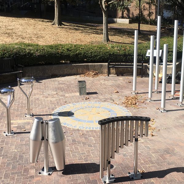 image of the outdoor stainless steel drums and chimes in the new Rotary music park in Wilmington Delaware USA