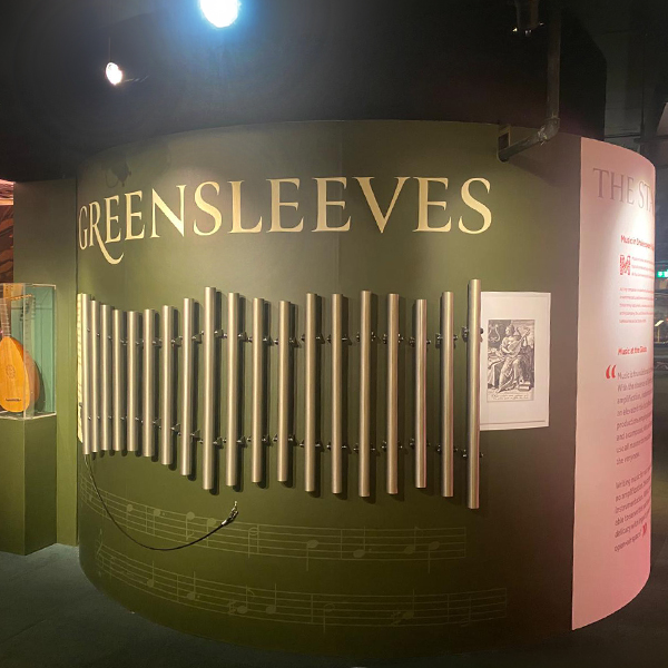 Close-up of custom-tuned MyTunes chimes arranged to play the melody of Greensleeves when struck in sequence