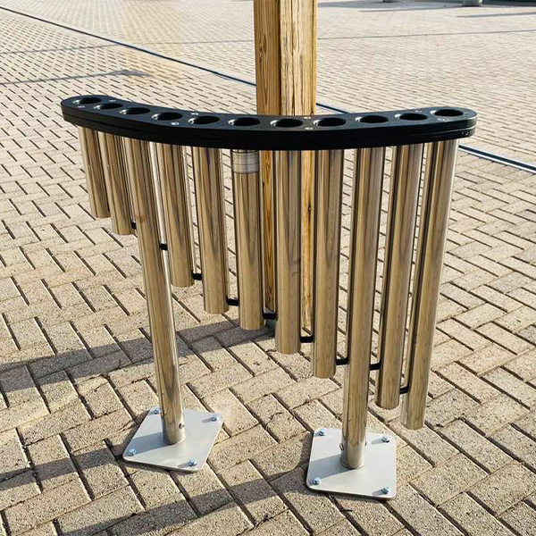 stainless steel outdoor musical instrument called handpipes at the Bill Withers Memorial Plaza.