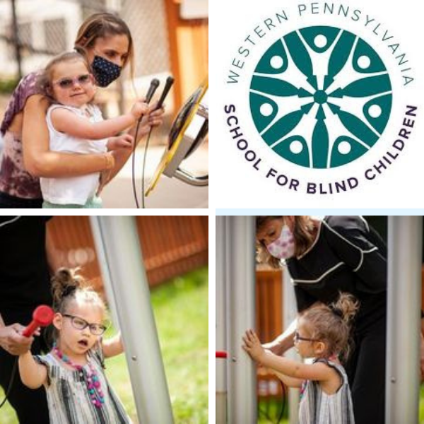 a collage of images of pupils from the WA School for the Blind playing their new outdoor musical instruments 