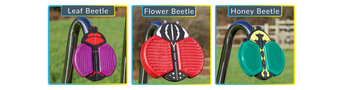 Three Outdoor Musical Instruments Shaped Like Beetles on Stainless Steel Posts With Name Labels Below