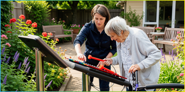a senior lady and her carer playing a large colourful outdoor xylophone in a care home garden